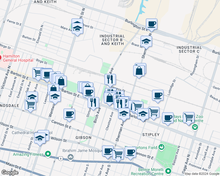 map of restaurants, bars, coffee shops, grocery stores, and more near 164 Birch Avenue in Hamilton