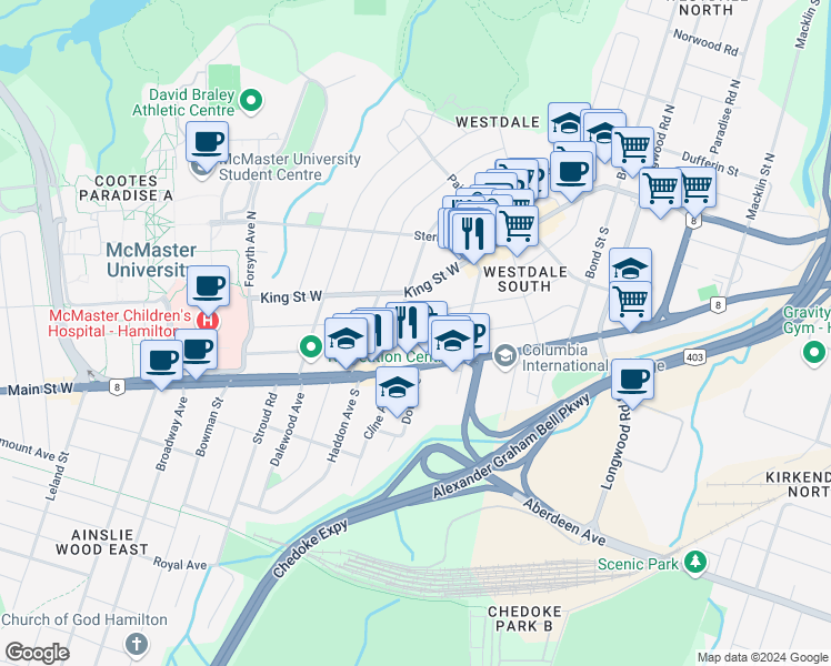 map of restaurants, bars, coffee shops, grocery stores, and more near in Hamilton