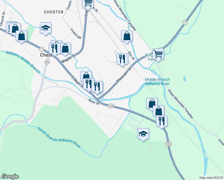 map of restaurants, bars, coffee shops, grocery stores, and more near 130 Pleasant Street in Chester
