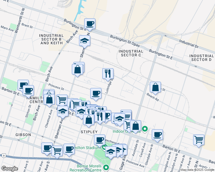 map of restaurants, bars, coffee shops, grocery stores, and more near 265 Lottridge Street in Hamilton