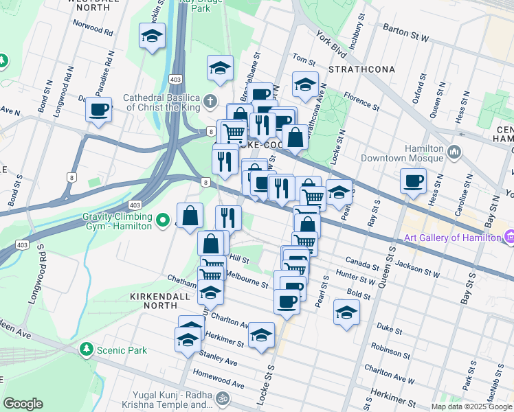 map of restaurants, bars, coffee shops, grocery stores, and more near 460 Main Street West in Hamilton
