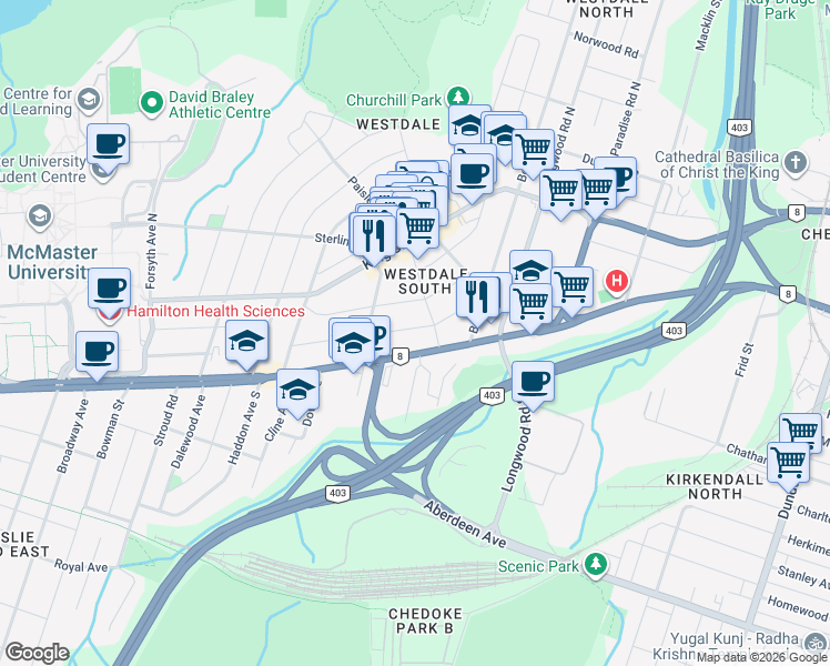 map of restaurants, bars, coffee shops, grocery stores, and more near 73 Arkell Street in Hamilton