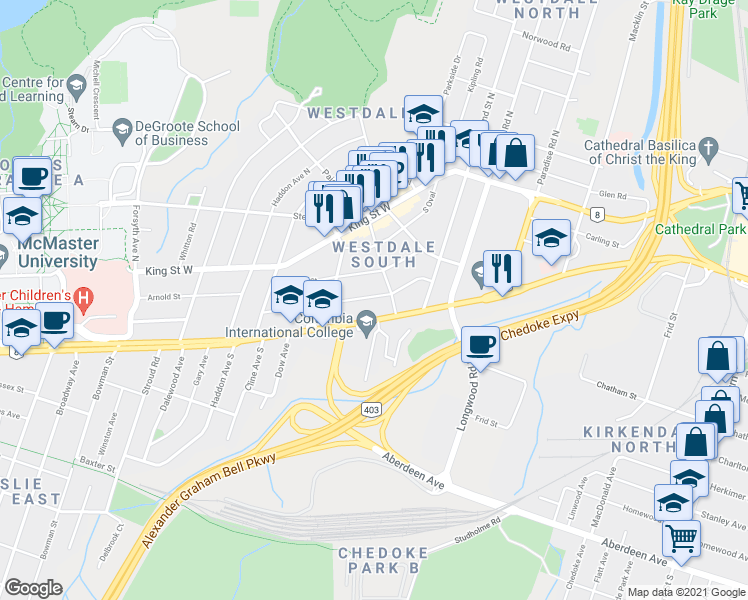 map of restaurants, bars, coffee shops, grocery stores, and more near 73 Arkell Street in Hamilton