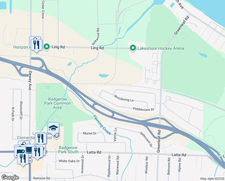 map of restaurants, bars, coffee shops, grocery stores, and more near 76 Woodsong Lane in Rochester