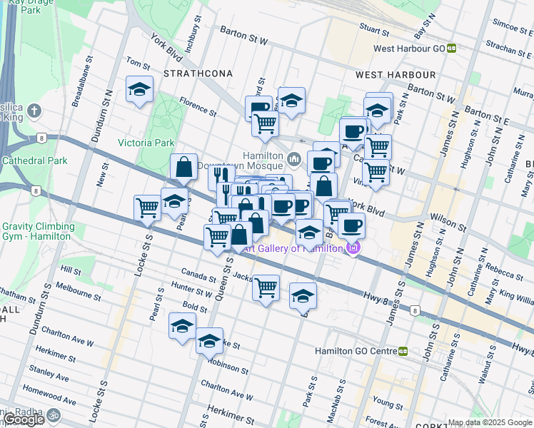 map of restaurants, bars, coffee shops, grocery stores, and more near 7 Hess Street North in Hamilton