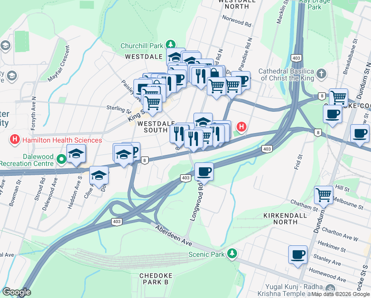 map of restaurants, bars, coffee shops, grocery stores, and more near in Hamilton