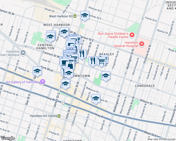 map of restaurants, bars, coffee shops, grocery stores, and more near 137 Catharine Street North in Hamilton