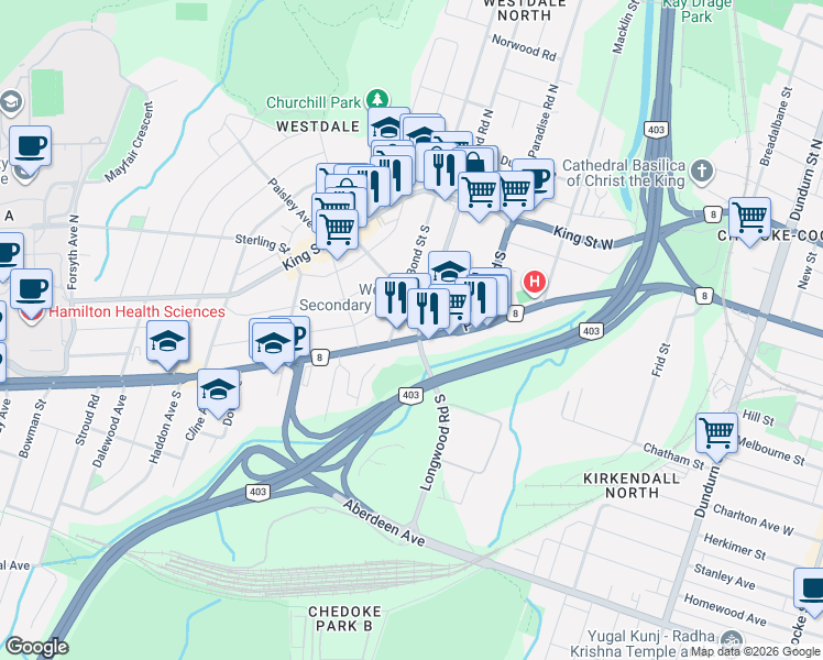map of restaurants, bars, coffee shops, grocery stores, and more near 906 Main Street West in Hamilton