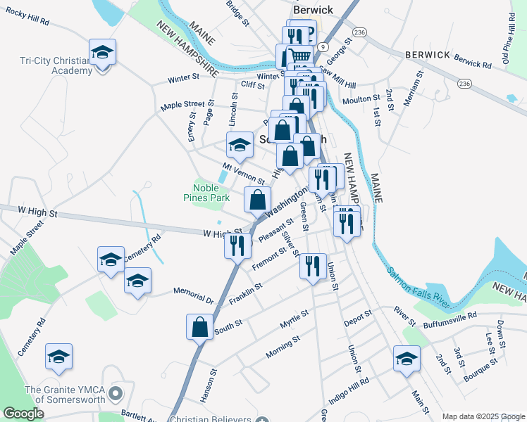 map of restaurants, bars, coffee shops, grocery stores, and more near 132 High Street in Somersworth