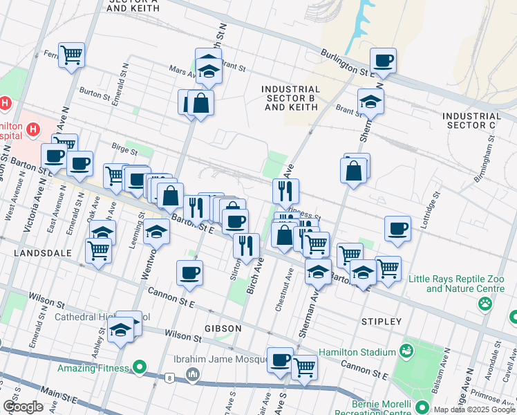 map of restaurants, bars, coffee shops, grocery stores, and more near 3 Milton Avenue in Hamilton
