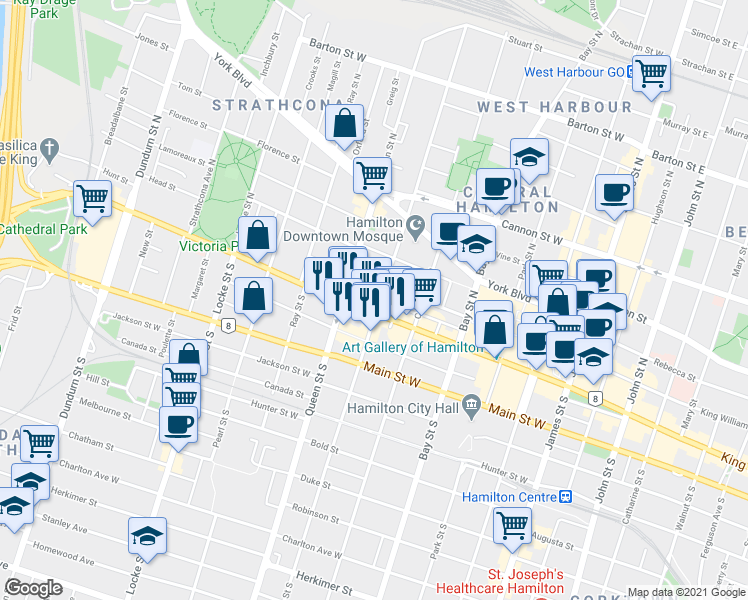 map of restaurants, bars, coffee shops, grocery stores, and more near in Hamilton
