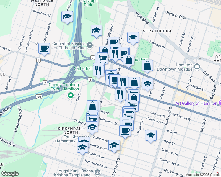 map of restaurants, bars, coffee shops, grocery stores, and more near 460 Main Street West in Hamilton