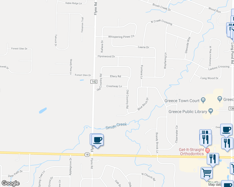 map of restaurants, bars, coffee shops, grocery stores, and more near 882 Old Country Road in Rochester