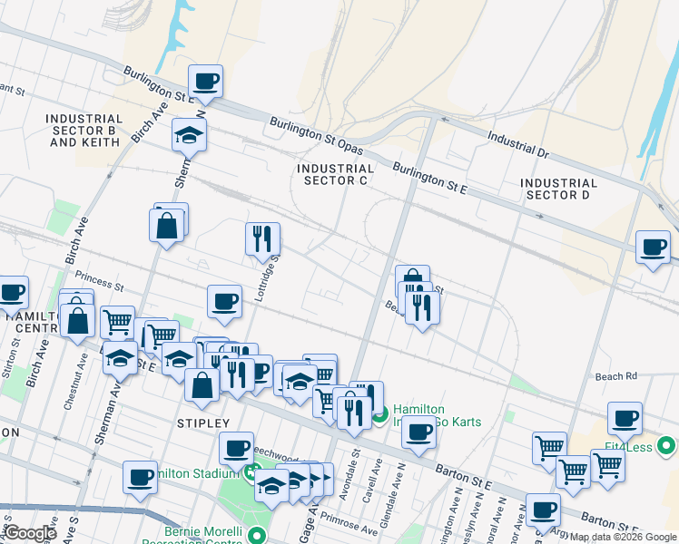 map of restaurants, bars, coffee shops, grocery stores, and more near 25 Whitfield Avenue in Hamilton