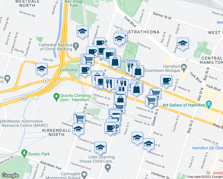 map of restaurants, bars, coffee shops, grocery stores, and more near 61 Strathcona Avenue South in Hamilton