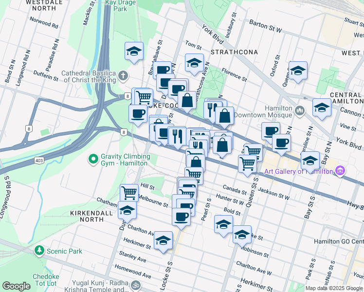 map of restaurants, bars, coffee shops, grocery stores, and more near 61 Strathcona Avenue South in Hamilton