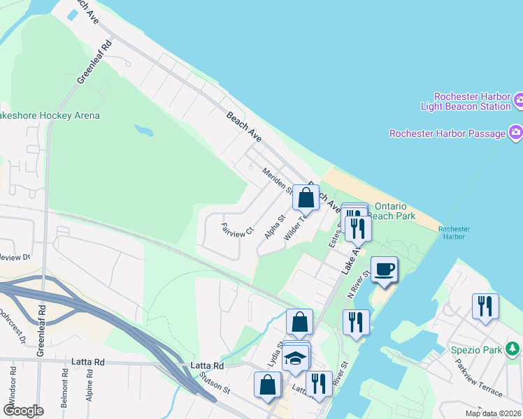 map of restaurants, bars, coffee shops, grocery stores, and more near 39 Camden Street in Rochester
