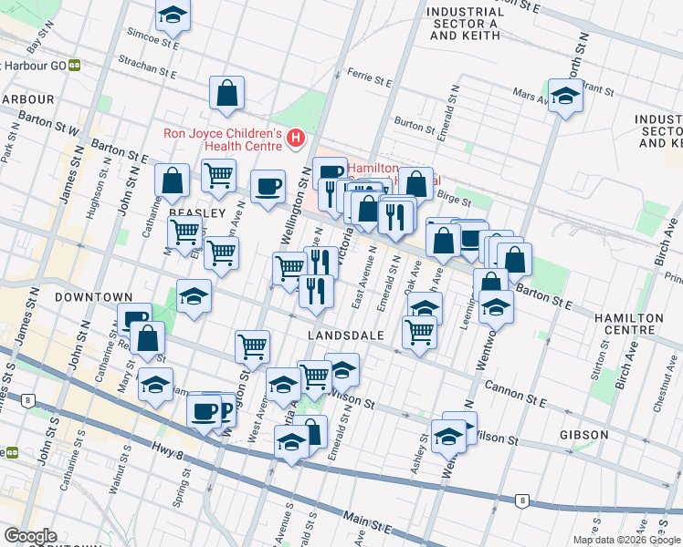map of restaurants, bars, coffee shops, grocery stores, and more near 216 Victoria Avenue North in Hamilton