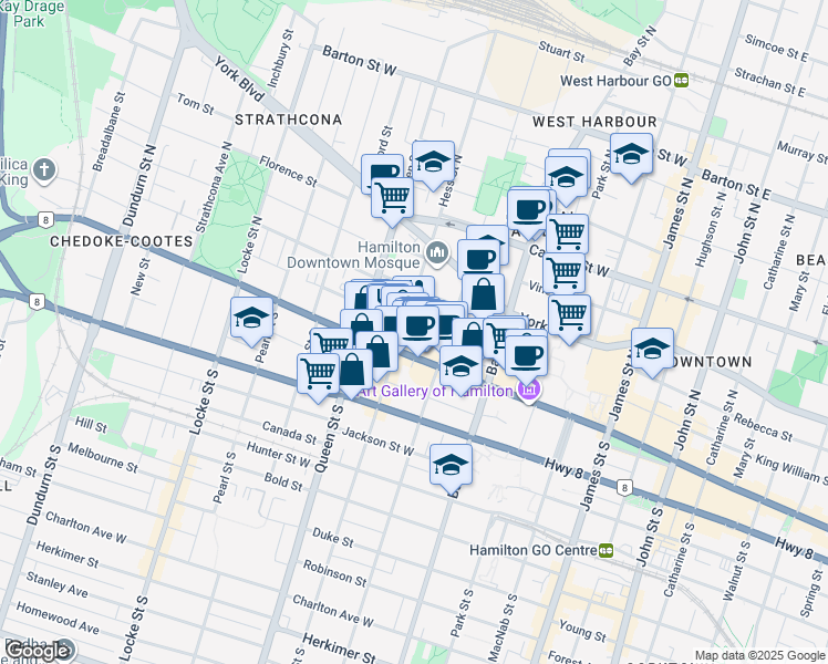 map of restaurants, bars, coffee shops, grocery stores, and more near 160 Market Street in Hamilton