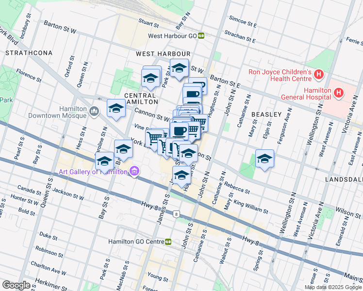 map of restaurants, bars, coffee shops, grocery stores, and more near 107 James Street North in Hamilton