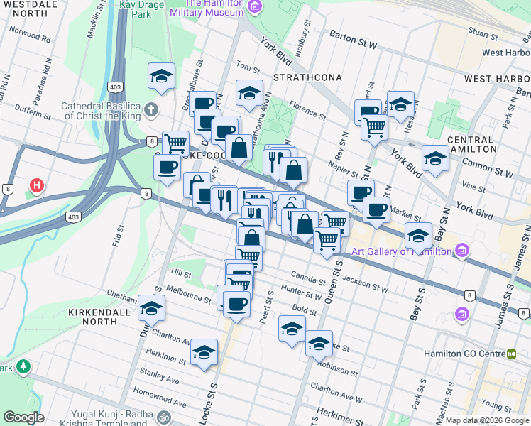 map of restaurants, bars, coffee shops, grocery stores, and more near 48 Locke Street South in Hamilton