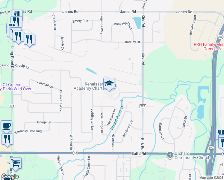 map of restaurants, bars, coffee shops, grocery stores, and more near 299 Kirk Road in Rochester