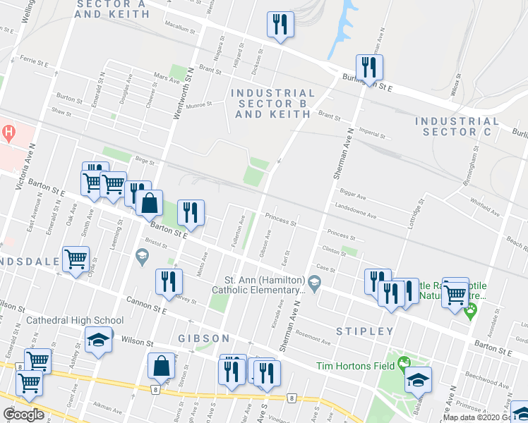 map of restaurants, bars, coffee shops, grocery stores, and more near 39 Princess Street in Hamilton