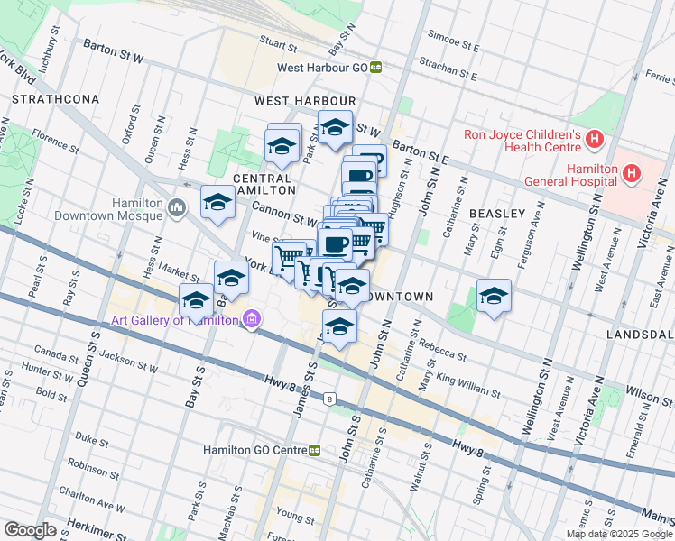 map of restaurants, bars, coffee shops, grocery stores, and more near 97 James Street North in Hamilton