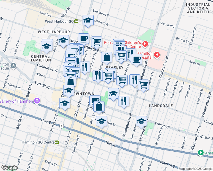 map of restaurants, bars, coffee shops, grocery stores, and more near 131 Cannon Street East in Hamilton