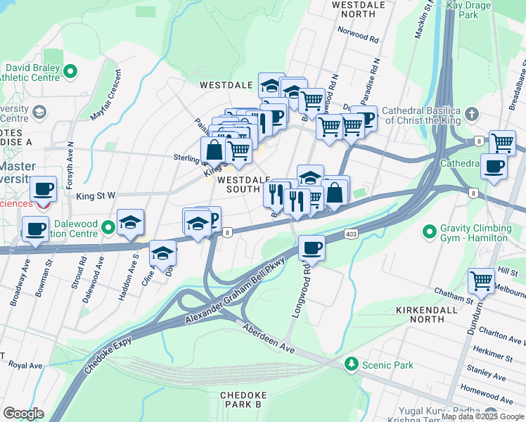 map of restaurants, bars, coffee shops, grocery stores, and more near in Hamilton