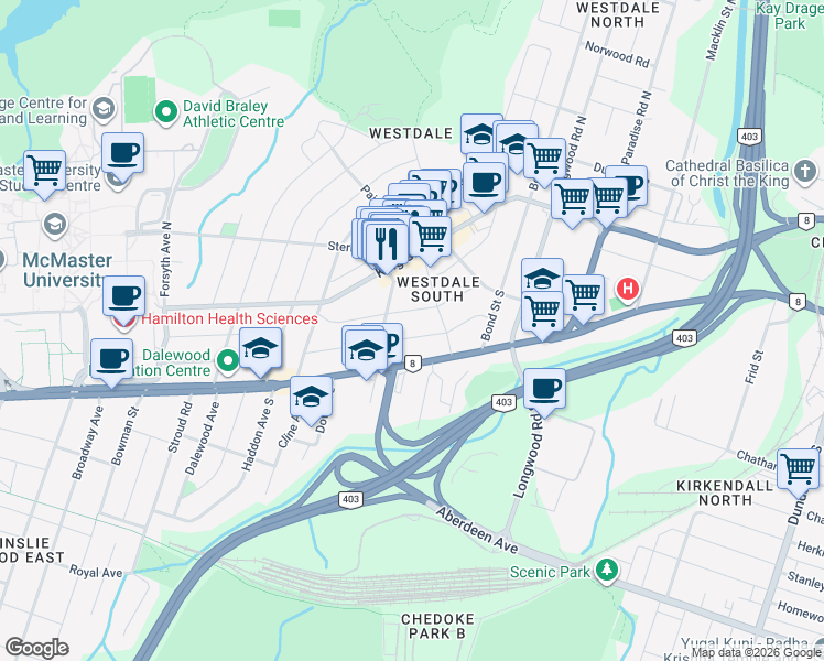 map of restaurants, bars, coffee shops, grocery stores, and more near in Hamilton