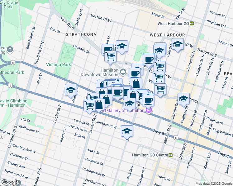 map of restaurants, bars, coffee shops, grocery stores, and more near 155 Market Street in Hamilton