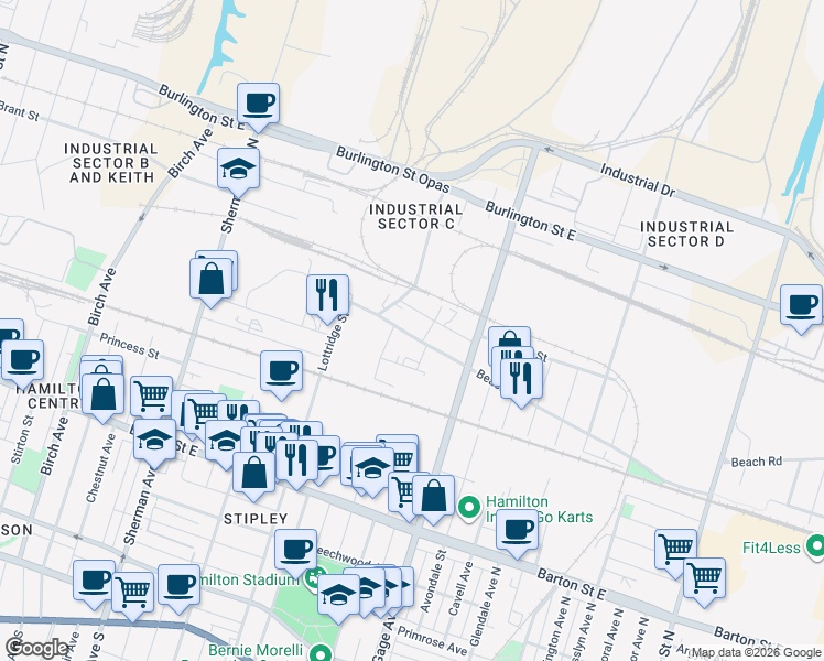 map of restaurants, bars, coffee shops, grocery stores, and more near in Hamilton