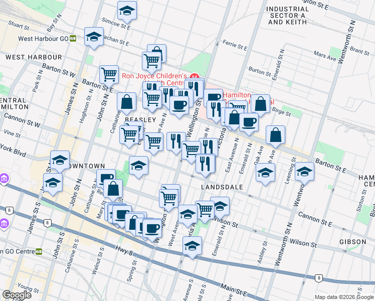 map of restaurants, bars, coffee shops, grocery stores, and more near 217 Wellington Street North in Hamilton