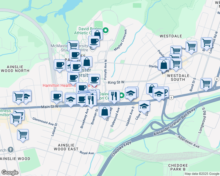 map of restaurants, bars, coffee shops, grocery stores, and more near 114 Arnold Street in Hamilton