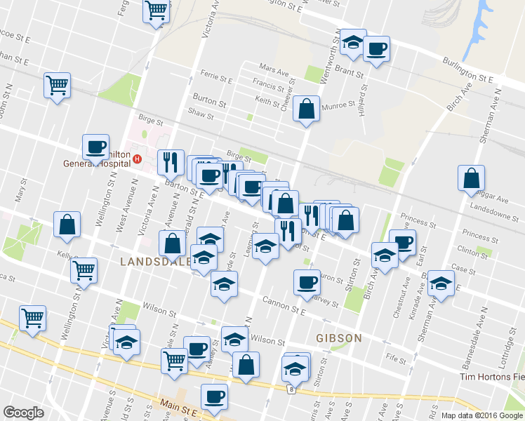 map of restaurants, bars, coffee shops, grocery stores, and more near 433 Barton Street East in Hamilton