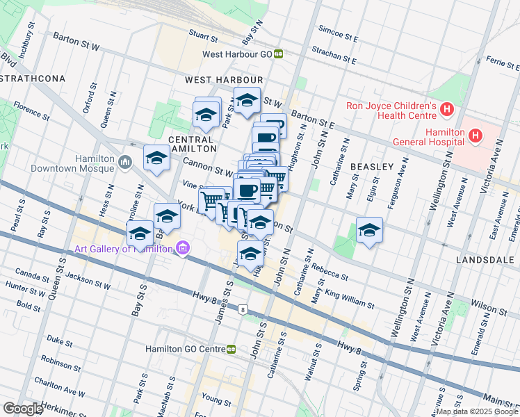 map of restaurants, bars, coffee shops, grocery stores, and more near 108 James Street North in Hamilton