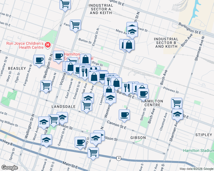 map of restaurants, bars, coffee shops, grocery stores, and more near 433 Barton Street East in Hamilton