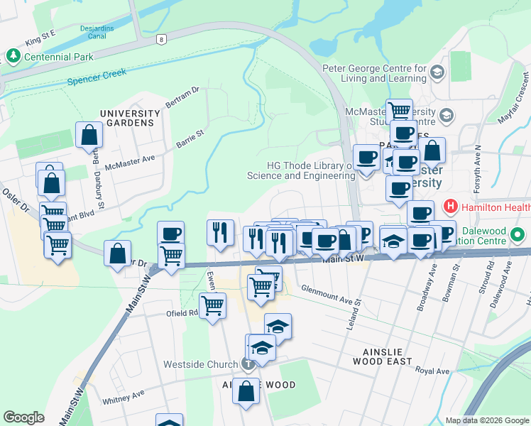 map of restaurants, bars, coffee shops, grocery stores, and more near 92 Binkley Crescent in Hamilton