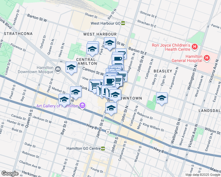 map of restaurants, bars, coffee shops, grocery stores, and more near 109 James Street North in Hamilton
