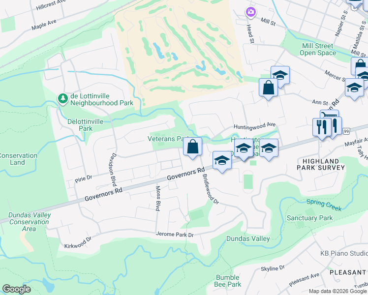 map of restaurants, bars, coffee shops, grocery stores, and more near Huntingwood Avenue in Hamilton