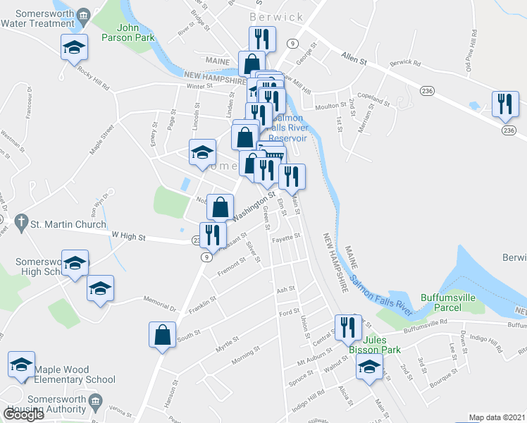 map of restaurants, bars, coffee shops, grocery stores, and more near 1 Green Street in Somersworth