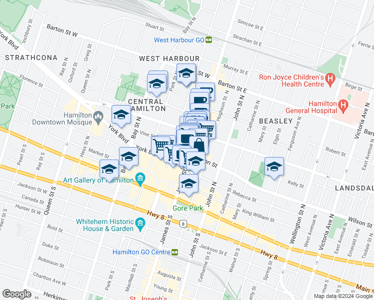 map of restaurants, bars, coffee shops, grocery stores, and more near 107 James Street North in Hamilton