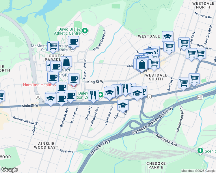 map of restaurants, bars, coffee shops, grocery stores, and more near in Hamilton