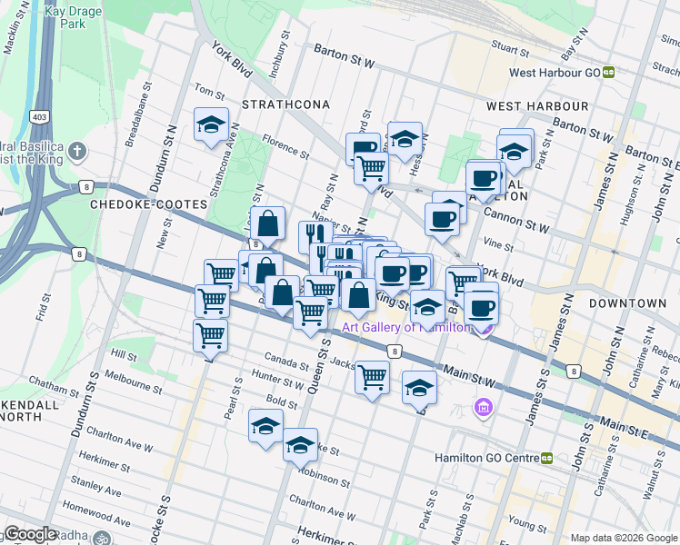 map of restaurants, bars, coffee shops, grocery stores, and more near 354 King Street West in Hamilton