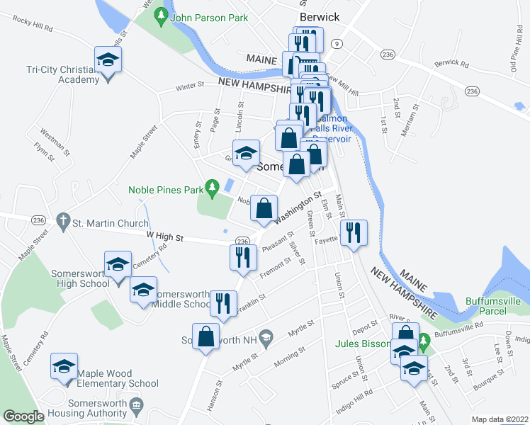 map of restaurants, bars, coffee shops, grocery stores, and more near 149 High Street in Somersworth