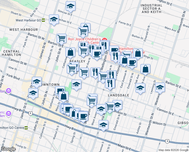 map of restaurants, bars, coffee shops, grocery stores, and more near 128 Cathcart Street in Hamilton