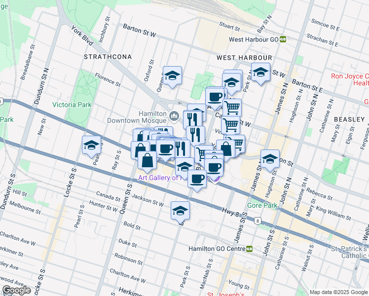 map of restaurants, bars, coffee shops, grocery stores, and more near 47 Caroline Street North in Hamilton