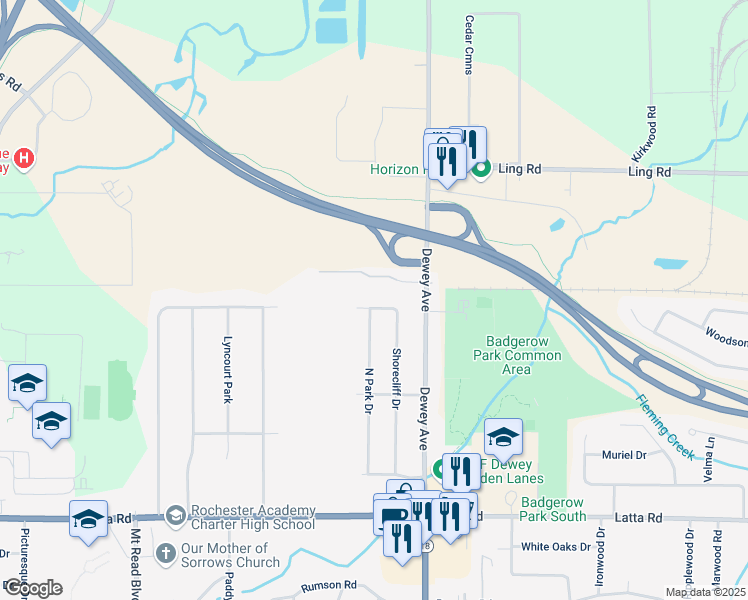 map of restaurants, bars, coffee shops, grocery stores, and more near 288 Shorecliff Drive in Rochester