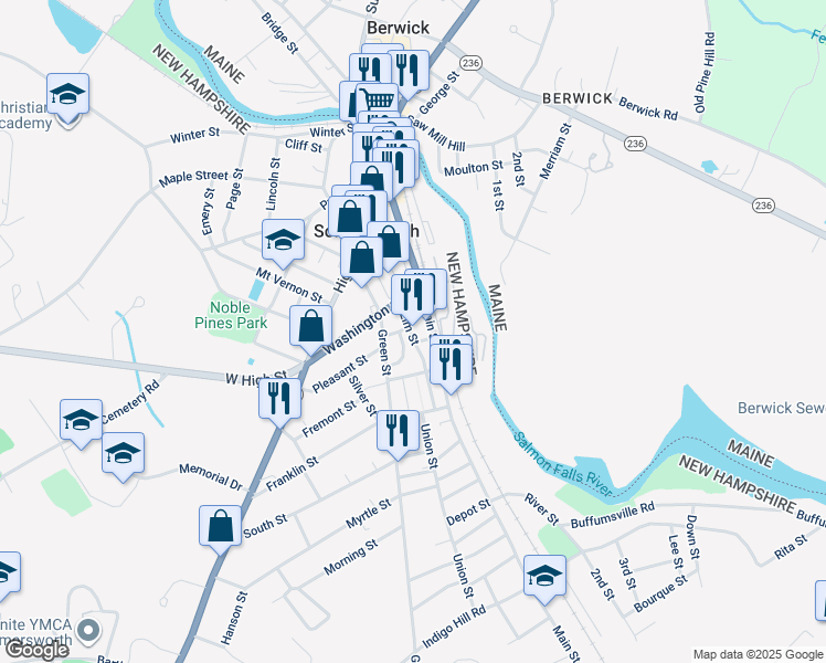 map of restaurants, bars, coffee shops, grocery stores, and more near 80 Elm Street in Somersworth
